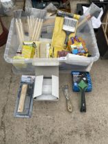 A BOX OF DECORATING HARDWARE TO INCLUDE BRUSHES, SCRAPER, ETC