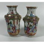 A PAIR OF 19TH CENTURY CHINESE CANTON FAMILLE ROSE MINIATURE VASES WITH FIGURAL DESIGN, HEIGHT 12.