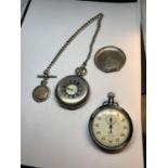 TWO ITEMS TO INCLUDE A HALLMARKED LONDON SILVER MILITARY POCKET WATCH WITH ENGRAVING, ON AN ALBERT