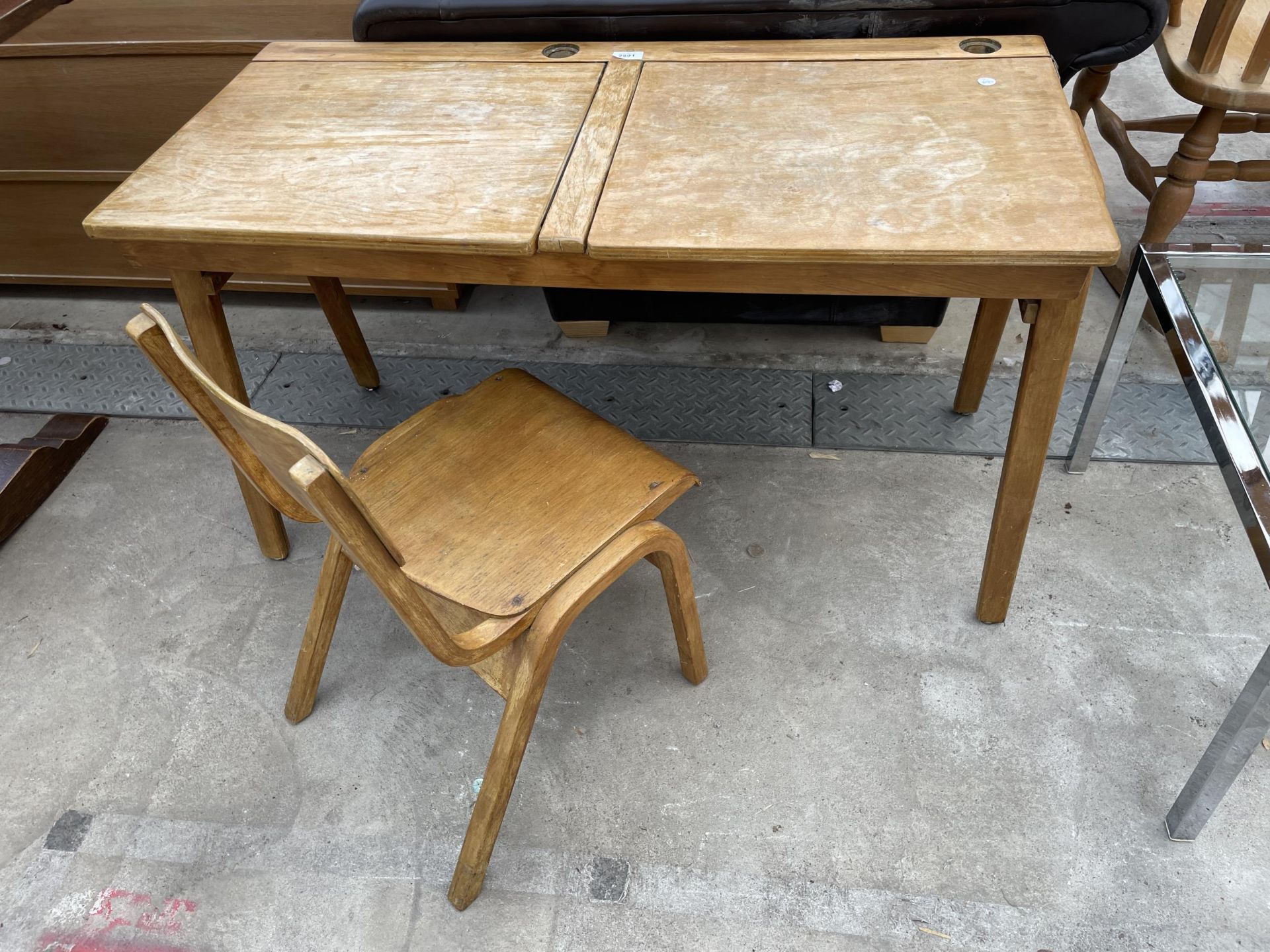 A MID 20TH CENTURY DOUBLE CHILDS DESK AND SINGLE BENTWOOD CHAIR