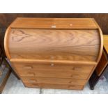 A RETRO TEAK CYLINDER BUREAU WITH FOUR DRAWERS TO THE BASE, 35.5" WIDE