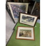TWP FRAMED PHOTO'S OF WATERFALL SCENES TOGETHER WITH A FRAMED PRINT OF THE "FLOATING MARKET"