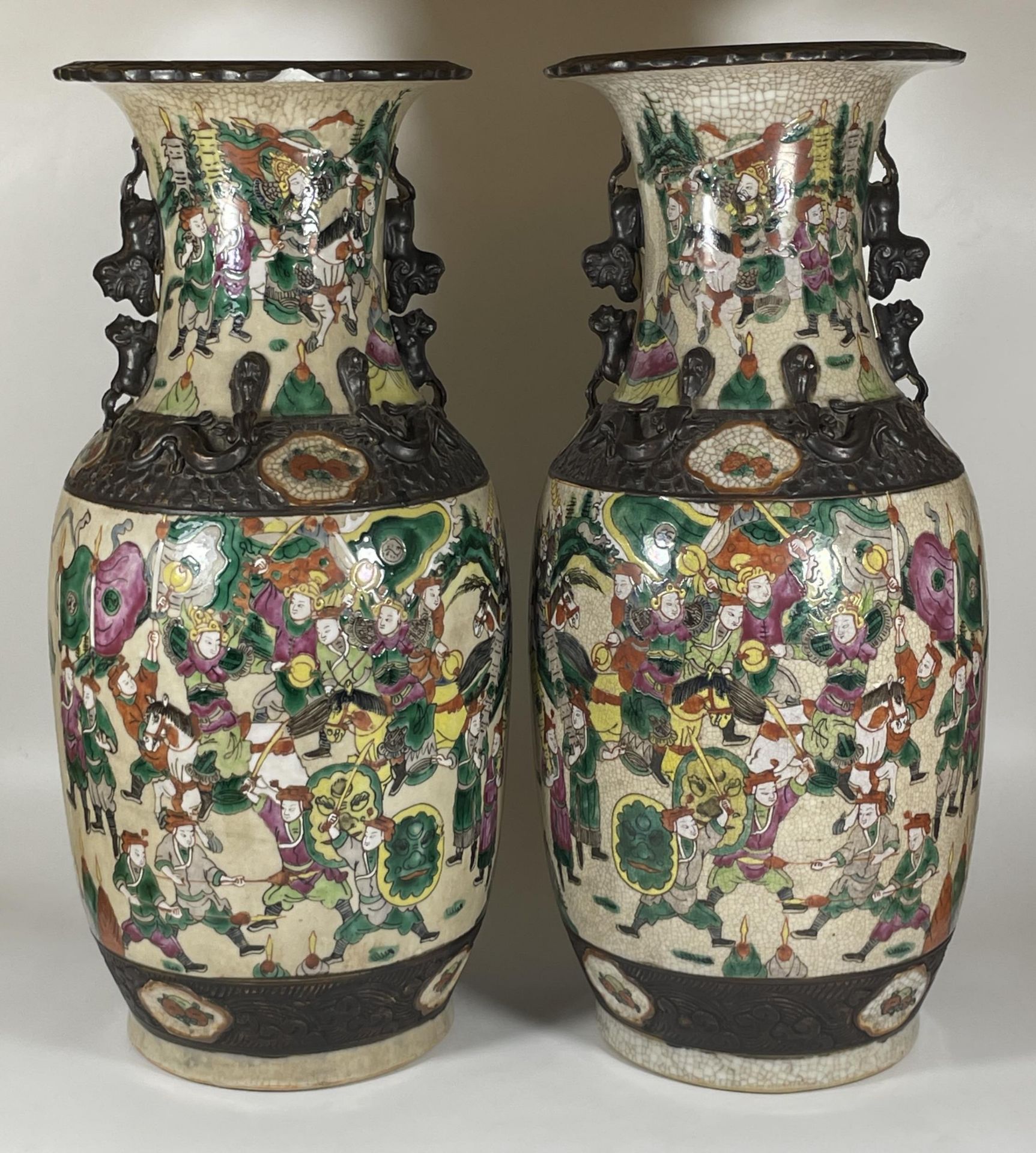 A HUGE PAIR OF CHINESE LATE 19TH / EARLY 20TH CENTURY CRACKLE GLAZE PORCELAIN VASES DEPICTING