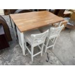 AN IKEA ELSEBET KITCHEN HIGH TABLE WITH WOODBLOCK TOP, 50 X 31", TWO METAL SHELVES AND A PAIR OF