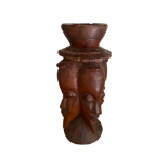 A VINTAGE MID 20TH CENTURY AFRICAN TRIBAL CARVED WOODEN FACE MASK JUG WITH HANDLE AND ASHTRAY DESIGN