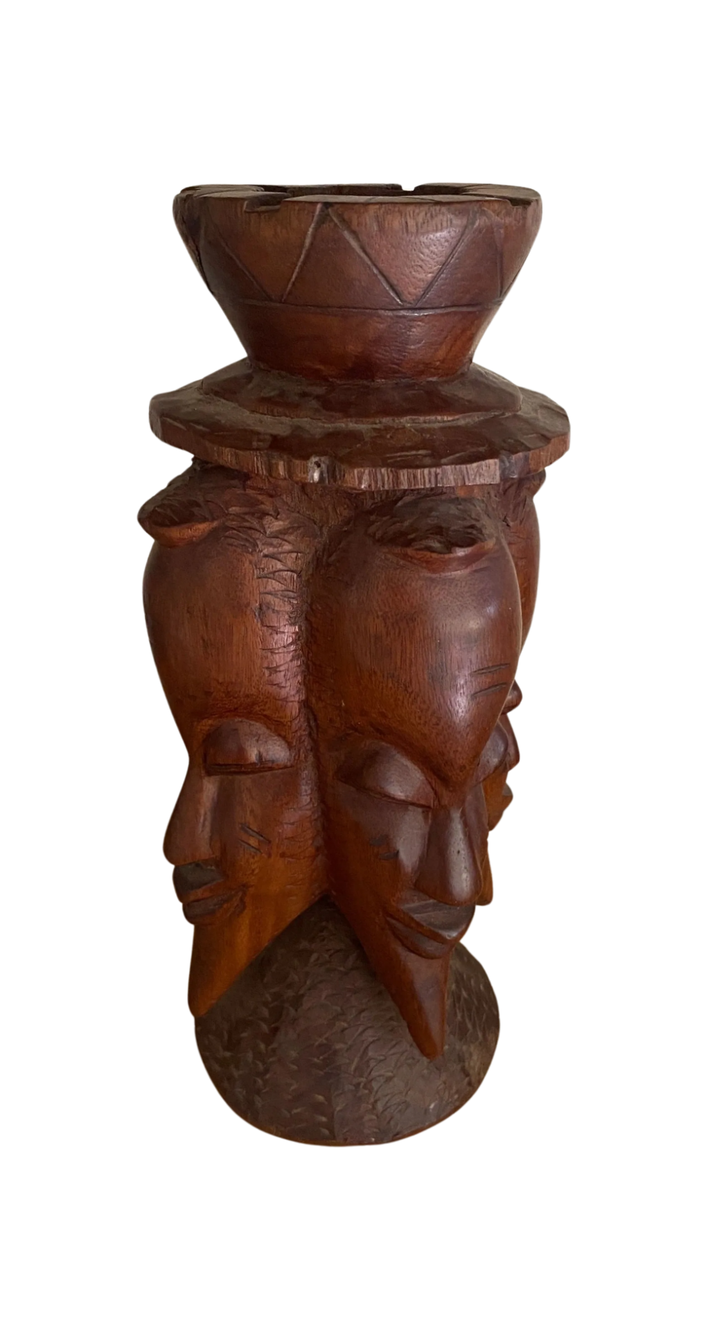 A VINTAGE MID 20TH CENTURY AFRICAN TRIBAL CARVED WOODEN FACE MASK JUG WITH HANDLE AND ASHTRAY DESIGN