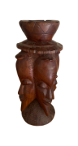 A VINTAGE MID 20TH CENTURY AFRICAN TRIBAL CARVED WOODEN FACE MASK JUG WITH HANDLE AND ASHTRAY DESIGN