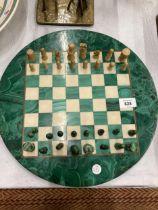 A VINTAGE GREEN AND CREAM CHESS BOARD WITH CHESS PIECES, 1 PAWN A/F