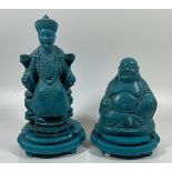 TWO VINTAGE CHINESE CHALKWARE TURQUOISE FIGURES ON STANDS TO INCLUDE AN IMMORTAL AND A BUDDHA,