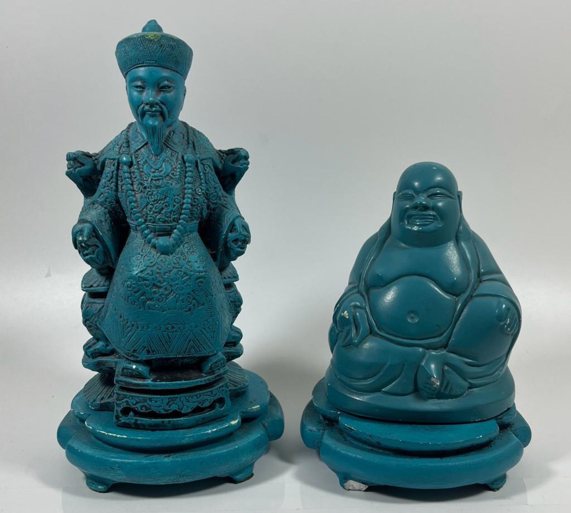 TWO VINTAGE CHINESE CHALKWARE TURQUOISE FIGURES ON STANDS TO INCLUDE AN IMMORTAL AND A BUDDHA,