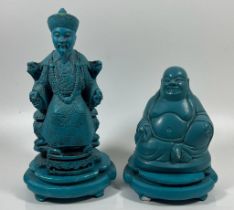 TWO VINTAGE CHINESE CHALKWARE TURQUOISE FIGURES ON STANDS TO INCLUDE AN IMMORTAL AND A BUDDHA,