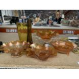 A QUANTITY OF CARNIVAL GLASS, AMBER VASES AND CAKESTAND