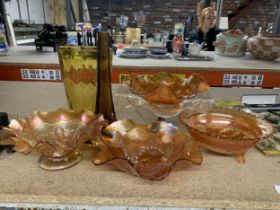 A QUANTITY OF CARNIVAL GLASS, AMBER VASES AND CAKESTAND