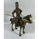 A VINTAGE CHINESE BRASS FIGURE OF A WARRIOR ON HORSEBACK WITH JEWEL DESIGN, HEIGHT 24CM