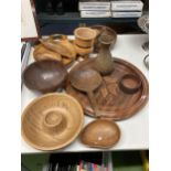 A LARGE QUANTITYM OF TREEN TO INCLUDE B0WLS, VASES, THERMOMETER, ETC.,