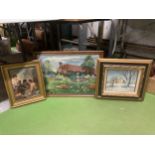 A LARGE FRAMED TAPESTRY OF A COUNTRY GARDEN SCENE TOGETHER WITH AN OIL ON BOARD WINTER SCENE AND