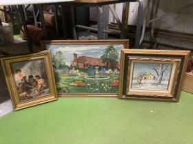 A LARGE FRAMED TAPESTRY OF A COUNTRY GARDEN SCENE TOGETHER WITH AN OIL ON BOARD WINTER SCENE AND