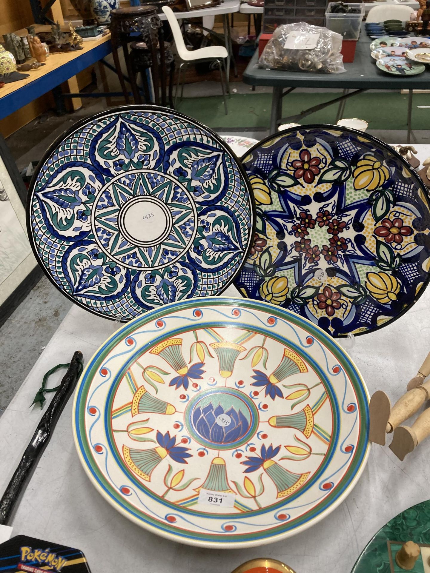 THREE LARGE POTTERY CHARGERS TO INCLUDE POOLE