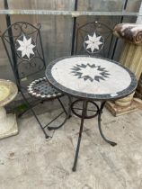 A METAL AND TILED BISTRO SET COMPRISING OF A ROUND TABLE AND TWO CHAIRS