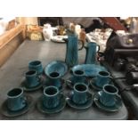 A STUDIO POTTERY MADE IN ENGLAND COFFEE SET WITH EIGHT CUPS AND SAUCERS, SUGAR BOWL, MILK JUG,