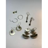 FIVE PAIRS OF EARRINGS TO INCLUDE FOUR SILVER AND A PAIR OF GOLD COLOURED WITH ABALONE CENTRES