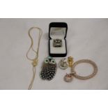 A QUANTITY OF OWL RELATED COSTUME JEWELLERY TO INCLUDE A BOXED RING, BROOCH, NECKLACE, PENDANT, ETC