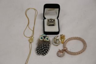 A QUANTITY OF OWL RELATED COSTUME JEWELLERY TO INCLUDE A BOXED RING, BROOCH, NECKLACE, PENDANT, ETC