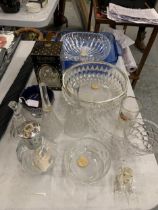 A QUANTITY OF GLASSWARE TO INCLUDE BOWLS, SCENT BURNER, BELL, SUGAR BOWL, ETC.,