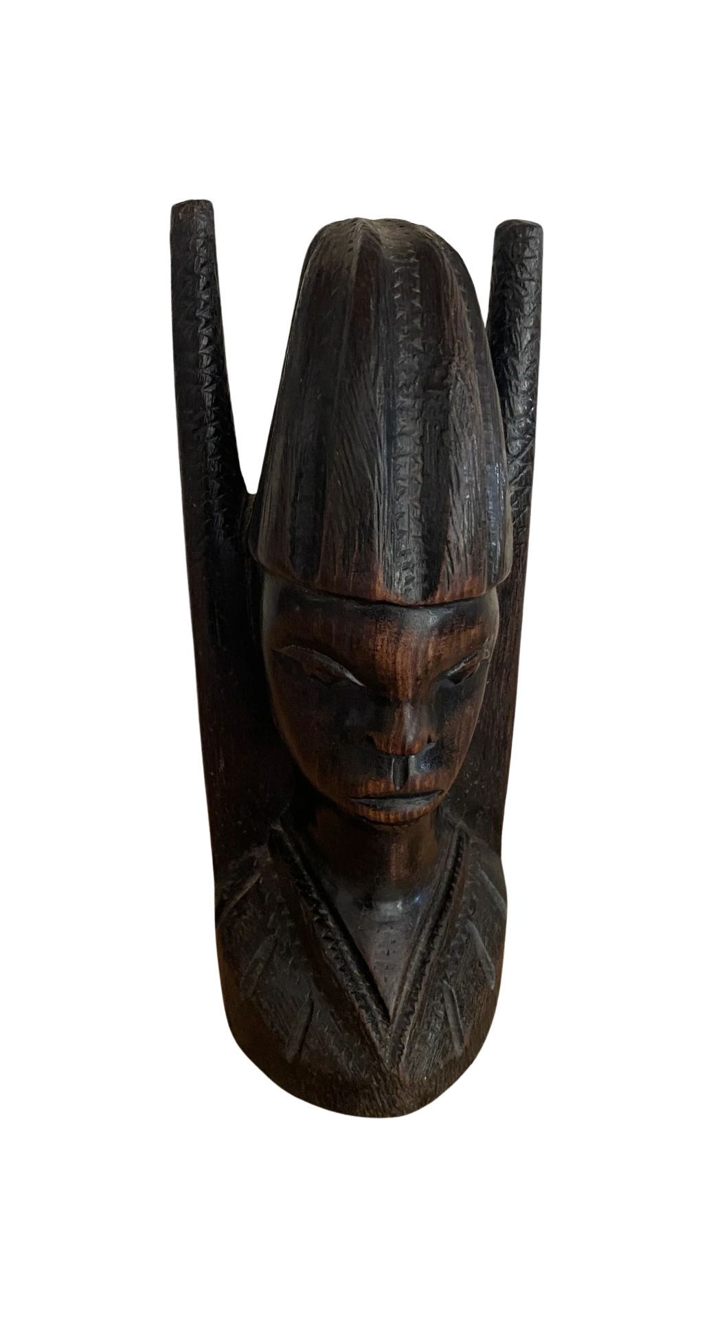 A VINTAGE 20TH CENTURY AFRICAN TRIBAL CAVRED WOODEN FACE STATUE, HEIGHT 22 CM