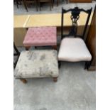 AN EDWARDIAN EBONISED NURSING CHAIR AND TWO MODERN STOOLS