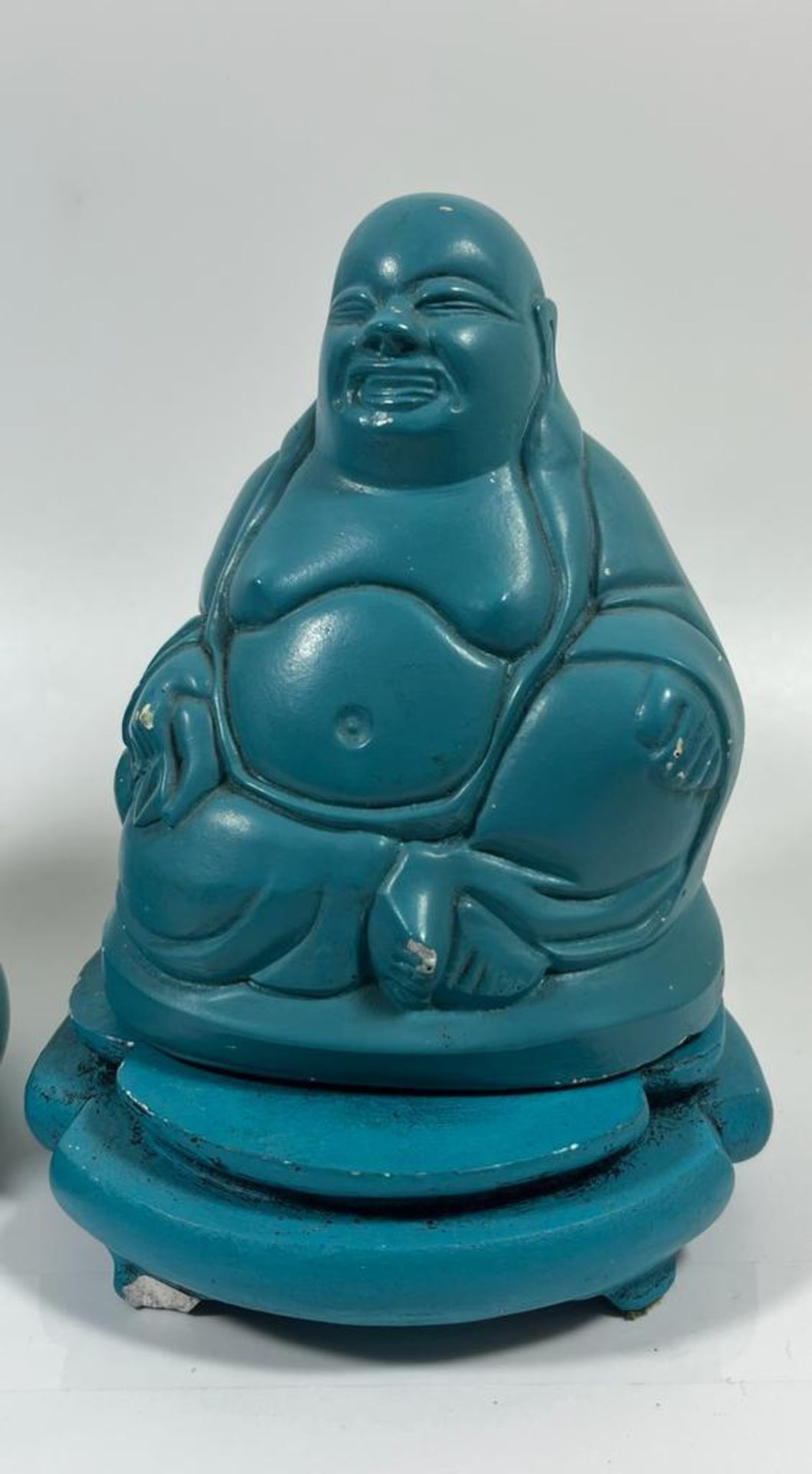 TWO VINTAGE CHINESE CHALKWARE TURQUOISE FIGURES ON STANDS TO INCLUDE AN IMMORTAL AND A BUDDHA, - Image 2 of 4