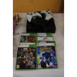 AN X-BOX 360 CONSOLE, 6 GAMES PLUS 2 X-BOX 1 GAMES AND THREE CONTROLLERS