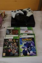 AN X-BOX 360 CONSOLE, 6 GAMES PLUS 2 X-BOX 1 GAMES AND THREE CONTROLLERS