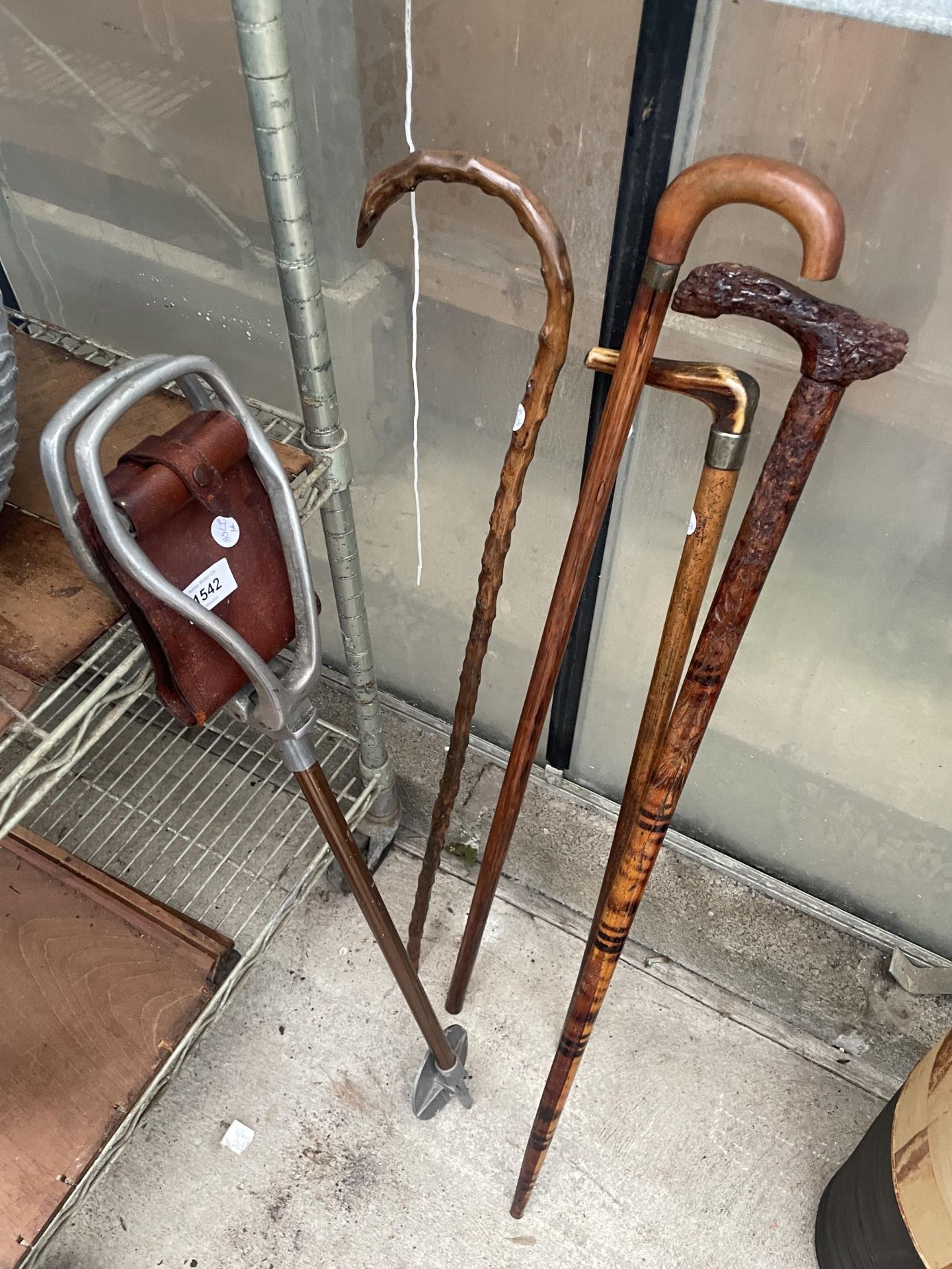 FIVE VARIOUS WALKING STICKS TO INCLUDE A SHOOTING STICK ETC