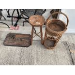 AN ASSORTMENT OF ITEMS TO INCLUDE A PINE STOOL AND A WOODEN CARVED WALL HANGING ETC