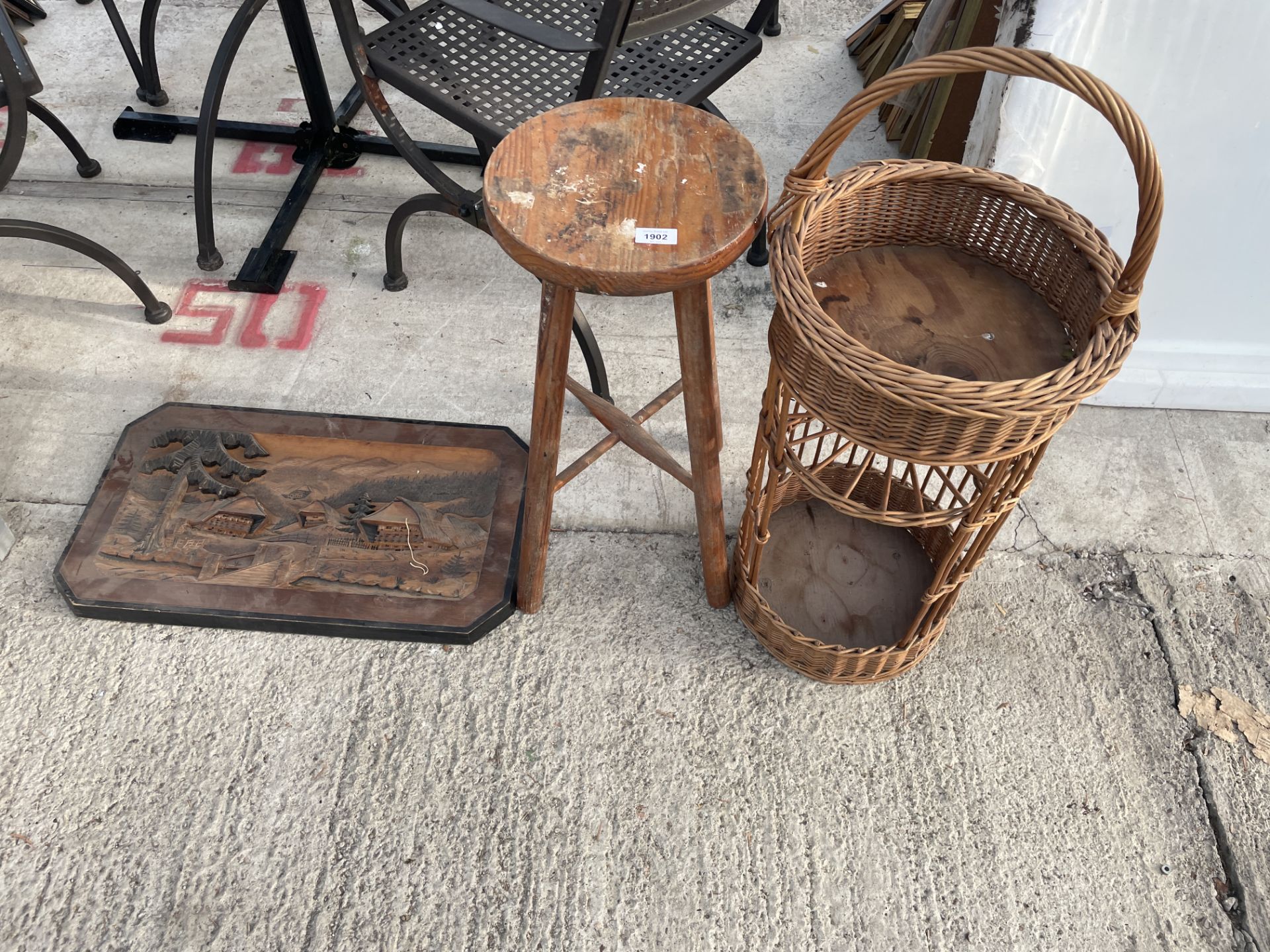 AN ASSORTMENT OF ITEMS TO INCLUDE A PINE STOOL AND A WOODEN CARVED WALL HANGING ETC