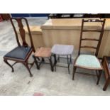 A BEDROOM CHAIR, QUEEN ANNE STYLE DINING CHAIR AND TWO STOOLS