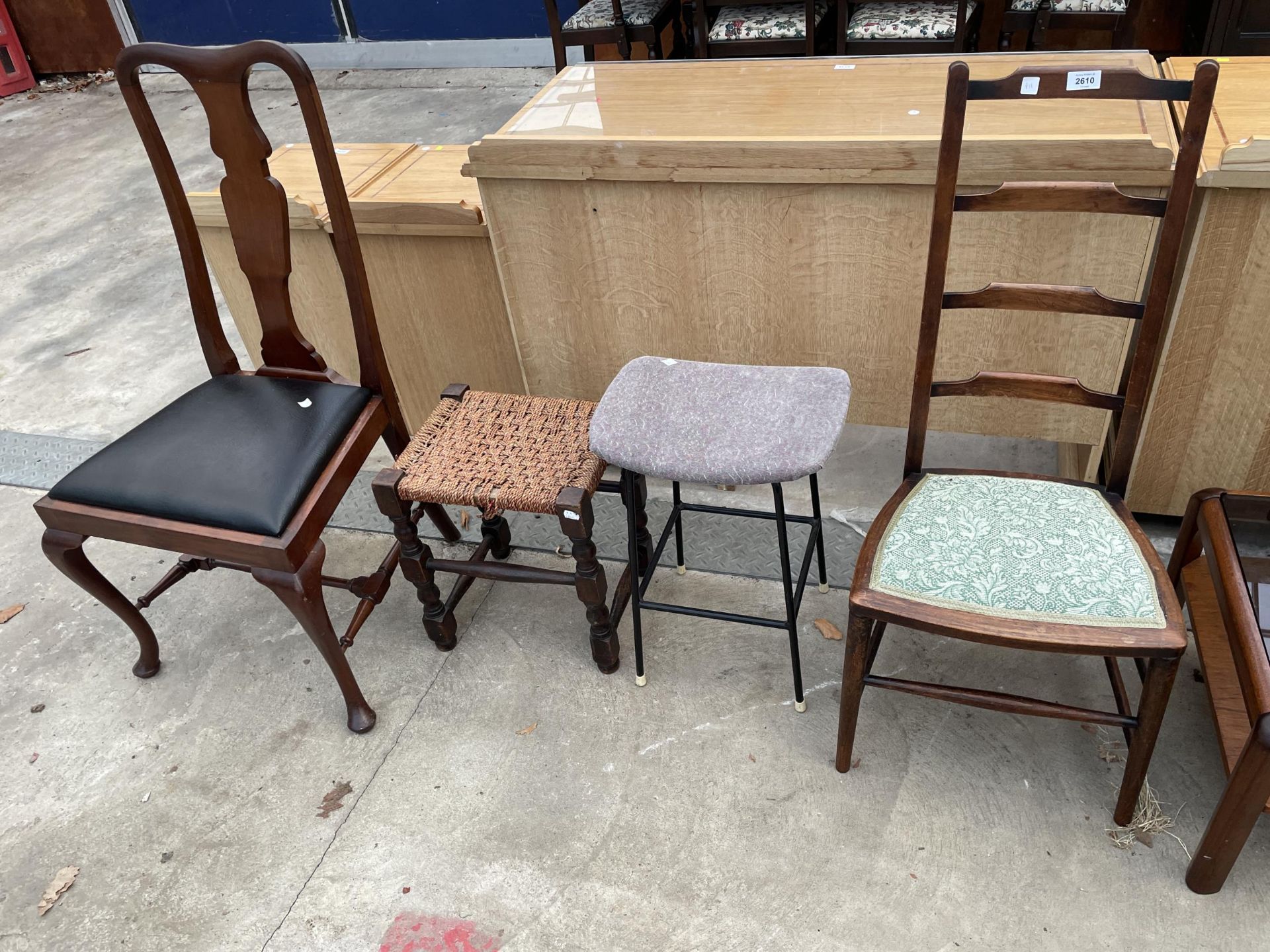A BEDROOM CHAIR, QUEEN ANNE STYLE DINING CHAIR AND TWO STOOLS