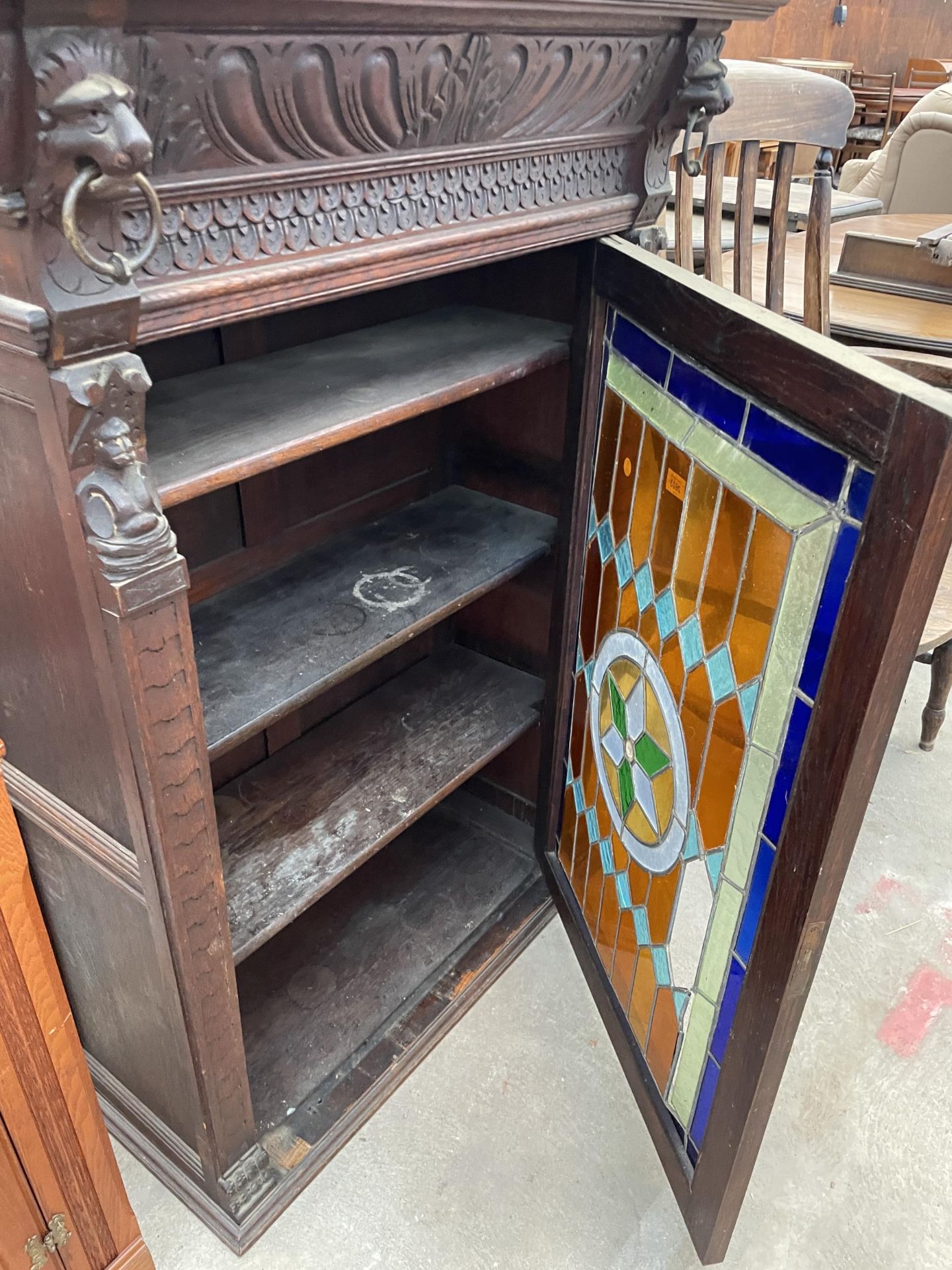 A VICTORIAN GOTHIC OAK CABINET WITH COLOURED GLASS AND LEADED DOOR, 38" WIDE - Bild 6 aus 7