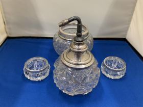 FOUR GLASS POTS WITH HALLMARKED SILVER 925 RIMS