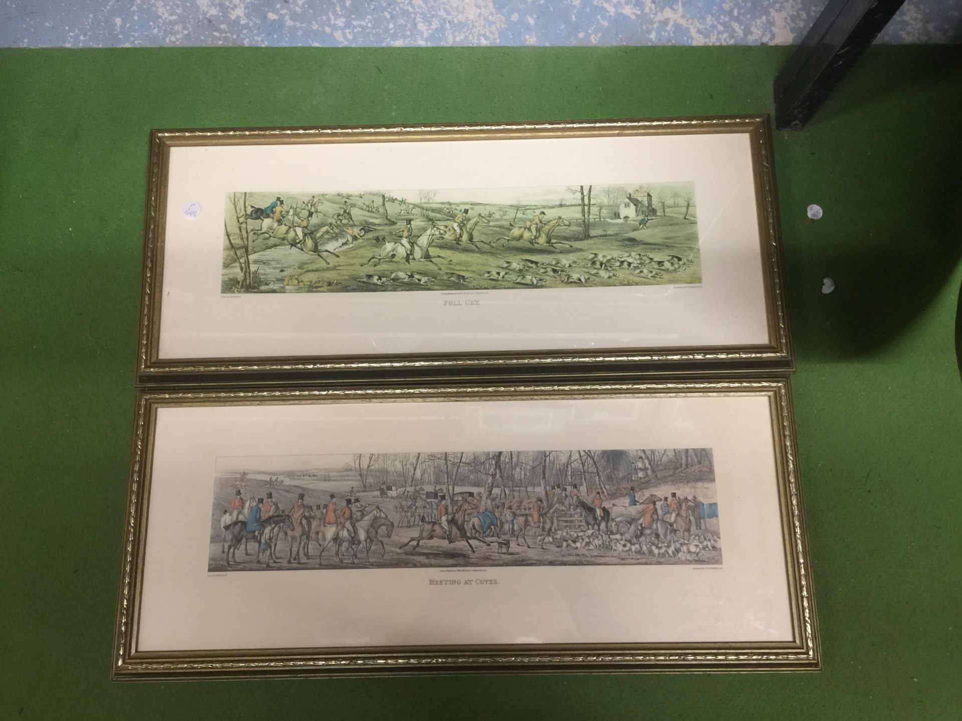 TWO FRAMED HUNTING PRINTS MEETING AT COVER AND FULL CRY