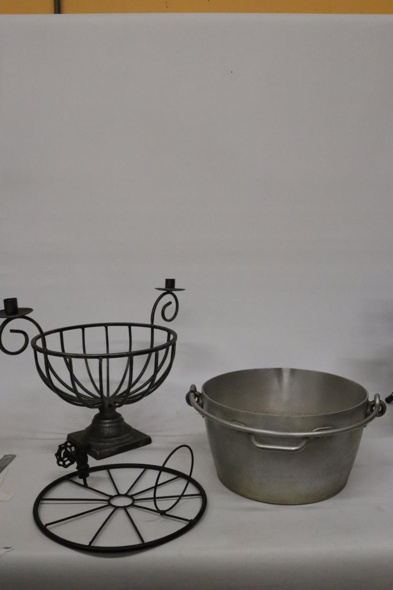 A JAM PAN AND A METAL PLANT HOLDER WITH CANDLESTICKS - Image 3 of 3