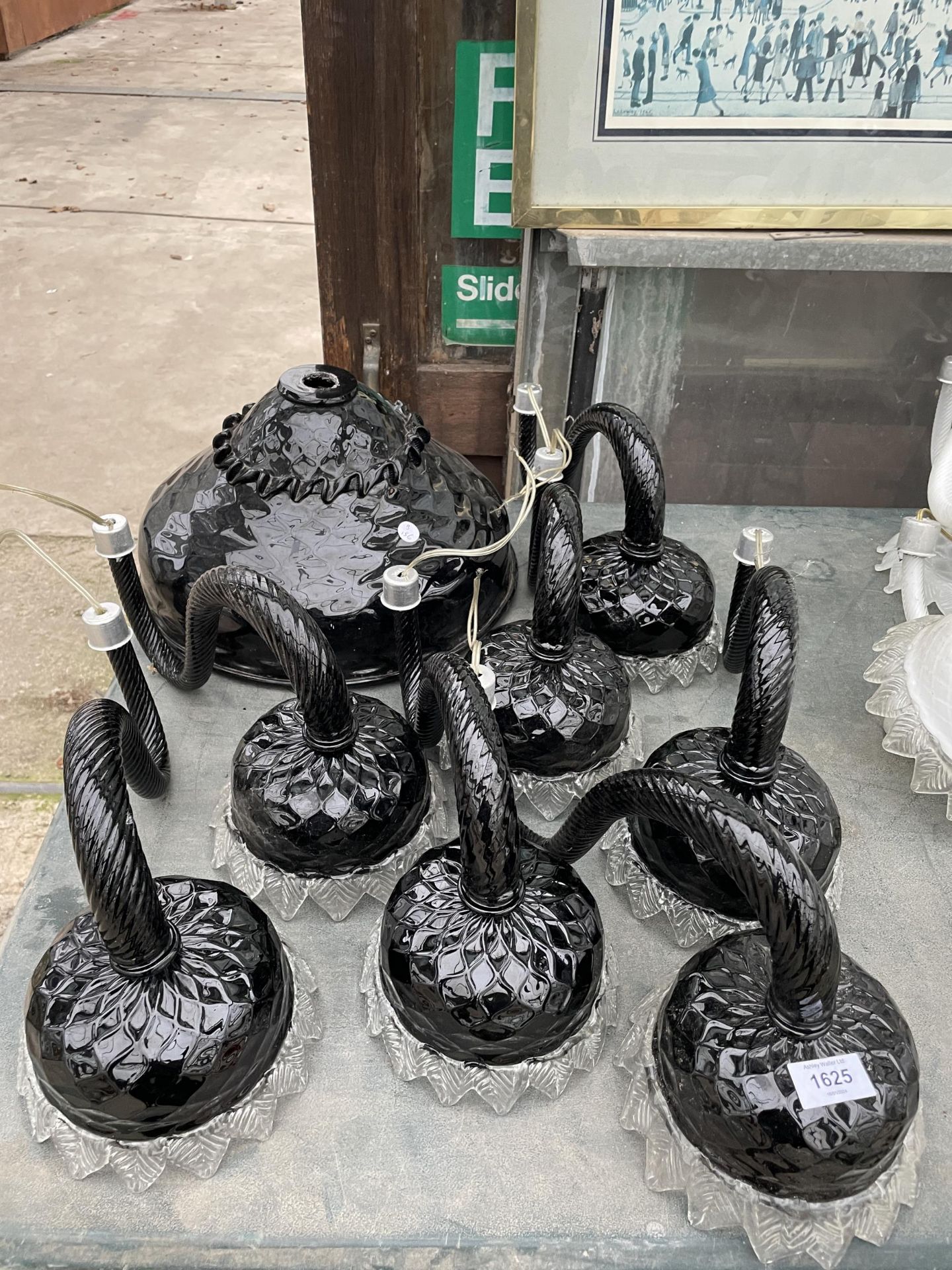 SEVEN VINTAGE AND RETRO BLACK MURANO GLASS LIGHT FITTINGS AND SHADES
