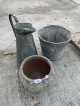 A LARGE VINTAGE GALVANISED JUG, A VINTAGE GALVANISED BUCKET AND A SMALL PLANTER