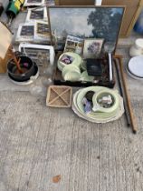 AN ASSORTMENT OF ITEMS TO INCLUDE WALKING STICKS, PLATES AND A FRAMED PRINT ETC