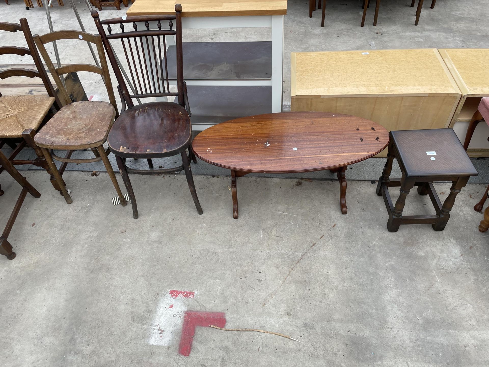 A SMALL OAK TABLE, OVAL COFFEE TABLE, BENTWOOD CHAIR AND ONE OTHER