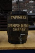 A BANDED OAK BARREL 'TANNERS' SPANISH MEDIUM SHERRY, HEIGHT 28CM