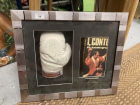 A FRAMED & SIGNED JOHN CONTEH BOXING GLOVE & AUTOBIOGRAPHY BOOK