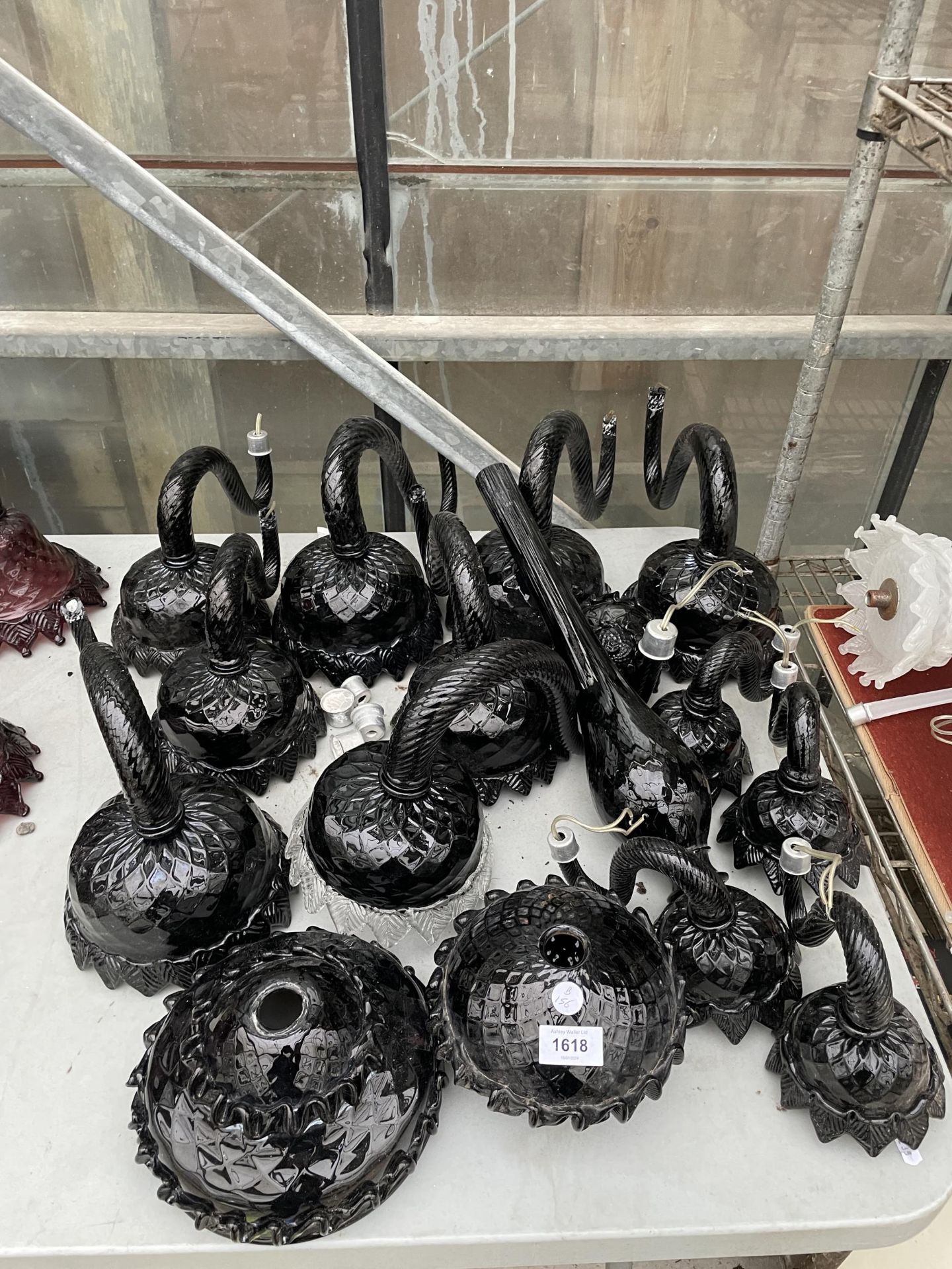 AN ASSORTMENT OF VINTAGE AND RETRO BLACK MURANO GLASS LIGHT FITTINGS AND SHADES