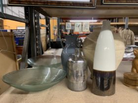 TWO LARGE GLASS BOWLS TOGETHER WITH VASES AND LARGE STONE PLANTER